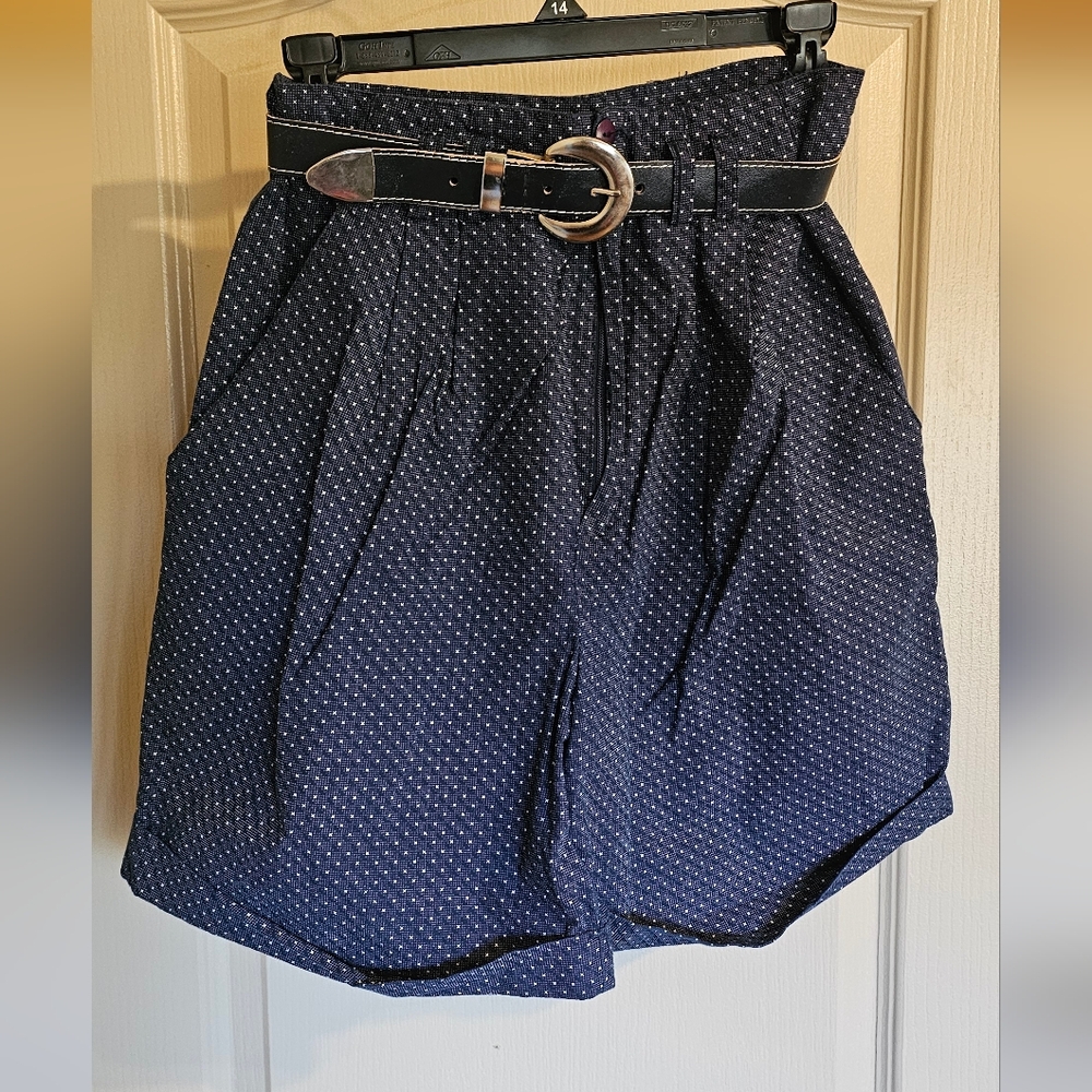 Vintage 90s Amy Byer Nave Blue Polka Dot Shorts With Original Belt 100% Cotton